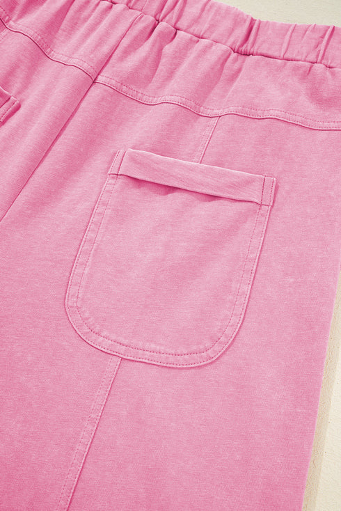 High Waist Mineral Wash Exposed Seam Drawstring Wide Leg Pants